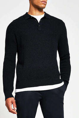 Navy Waffle Knitted Long Sleeve Jumper