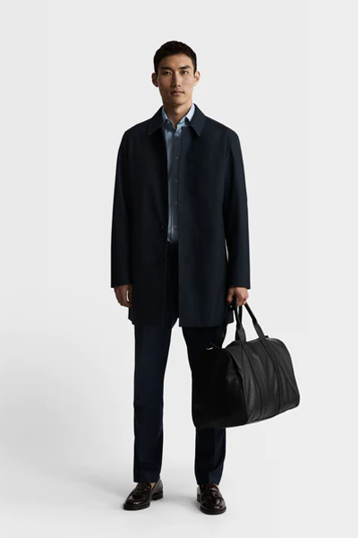 Winston Slim Fit Blue & Navy Micro Puppytooth Rain Mac  from T M Lewin