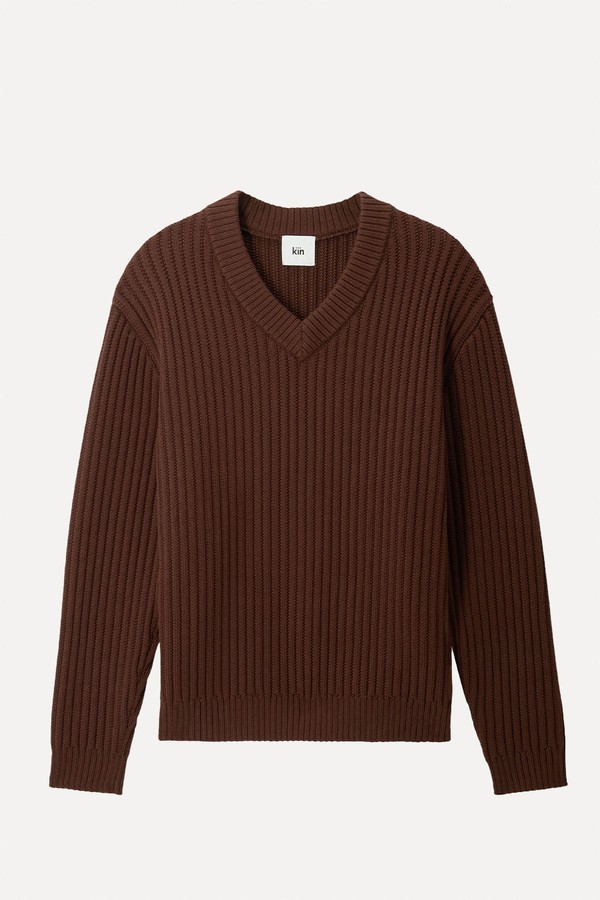 Chunky Rib Cotton Blend V-Neck Jumper from Kin