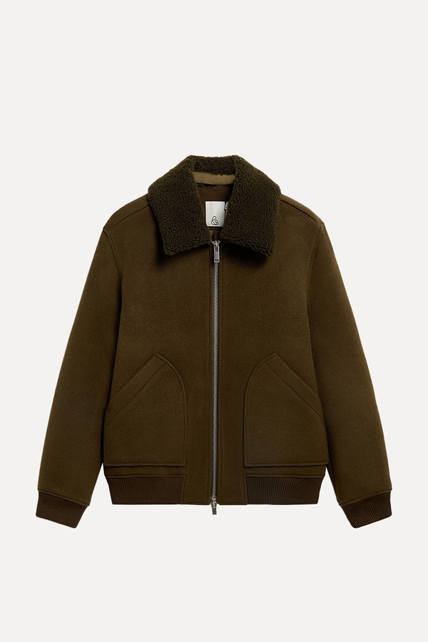 Shearling Collar Wool Bomber Jacket