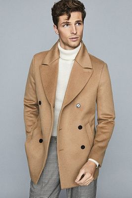 Wool Blend Double Breasted Coat Camel