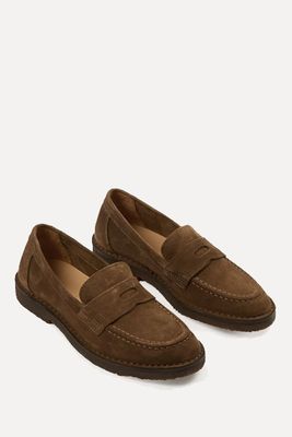 Tobacco Suede Canal Penny Loafers With Crepe Sole from Drake's