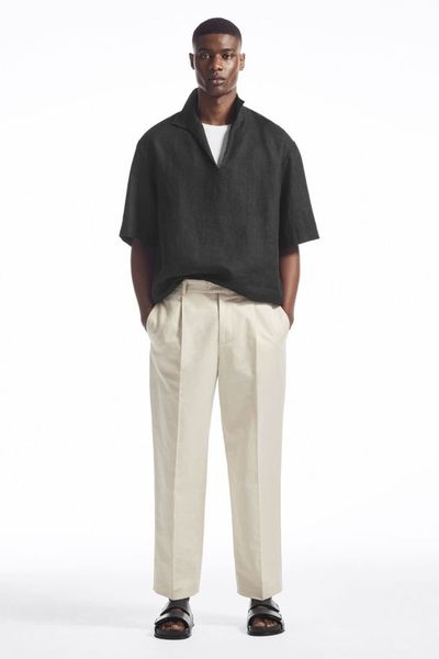 Pleated Straight-Leg Linen-Blend Trousers