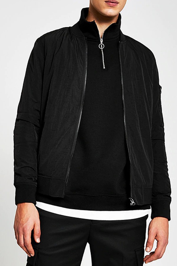 Black Crinkled Bomber Jacket