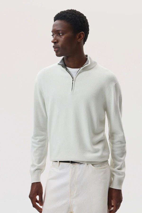 Contrast Trim Cashmere Zip Neck