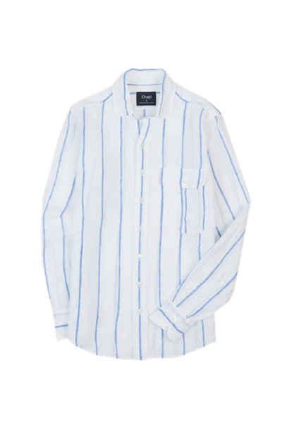 Navy Wide Stripe Linen Spread Collar Shirt from Drake's