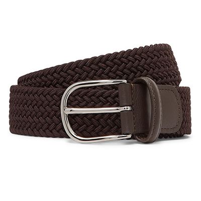 3.5cm Brown Leather-Trimmed Woven Elastic Belt from Anderson's
