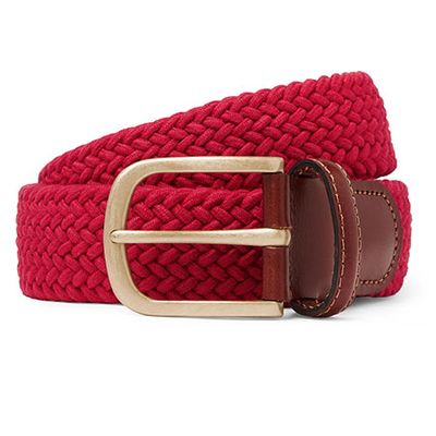Red Leather-Trimmed Woven Stretch-Cotton Belt from Anderson & Sheppard