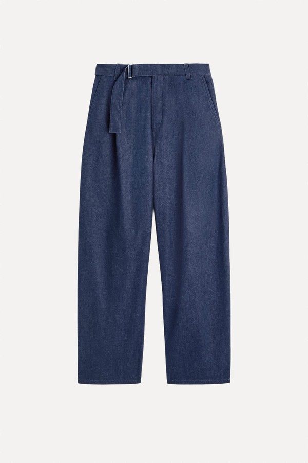 Belted Denim Relaxed-Fit Barrel-Leg Trousers