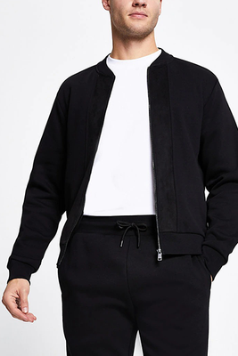 Black Zip Front Slim Fit Bomber Jacket