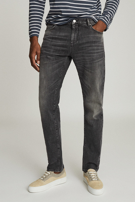 Selvedge Washed Black Tapered Slim Fit Jeans from Reiss