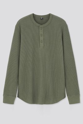 Waffle Henley Neck Long Sleeved T-Shirt from Uniqlo