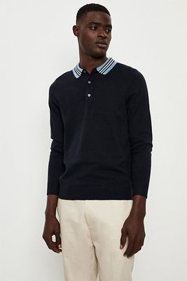 Navy Collar Detail Knitted Polo Shirt