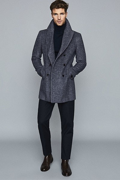 Herringbone Double Breasted Coat Navy