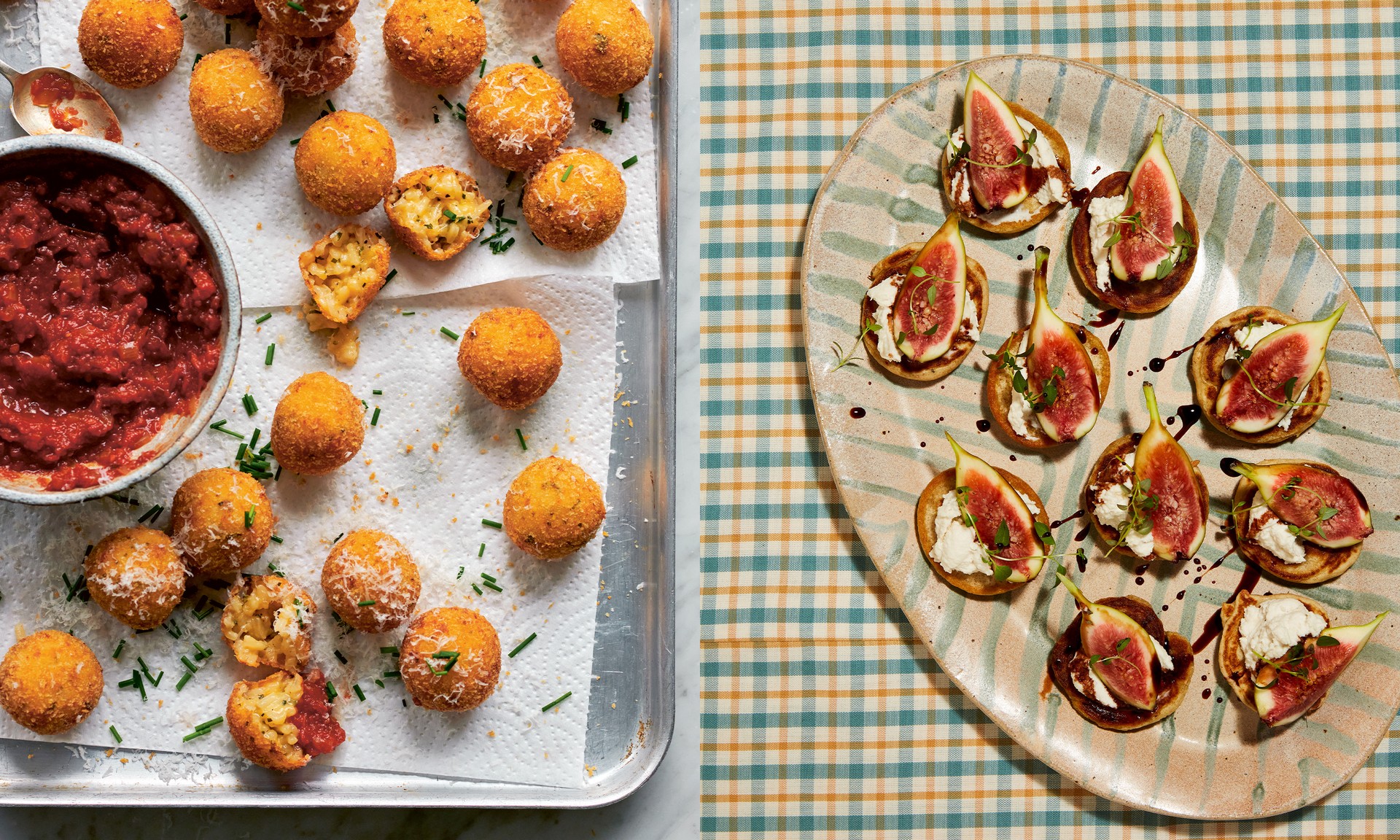 Three Cheese & Onion Arancini; Blinis With Herbed Almond Feta & Figs