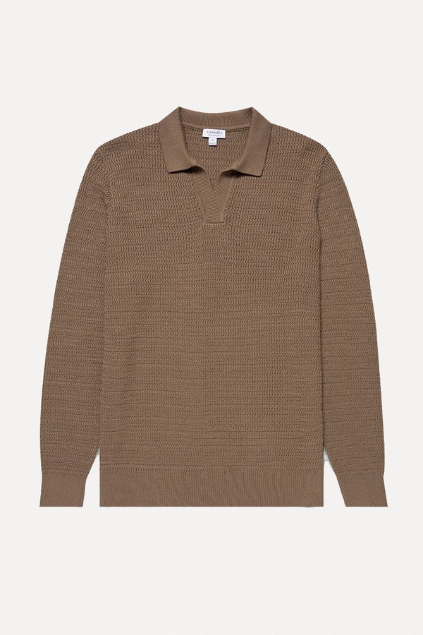 Long Sleeve Textured Cotton Polo Shirt