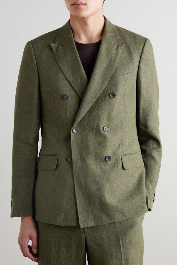 Double-Breasted Puppytooth Linen Suit Jacket