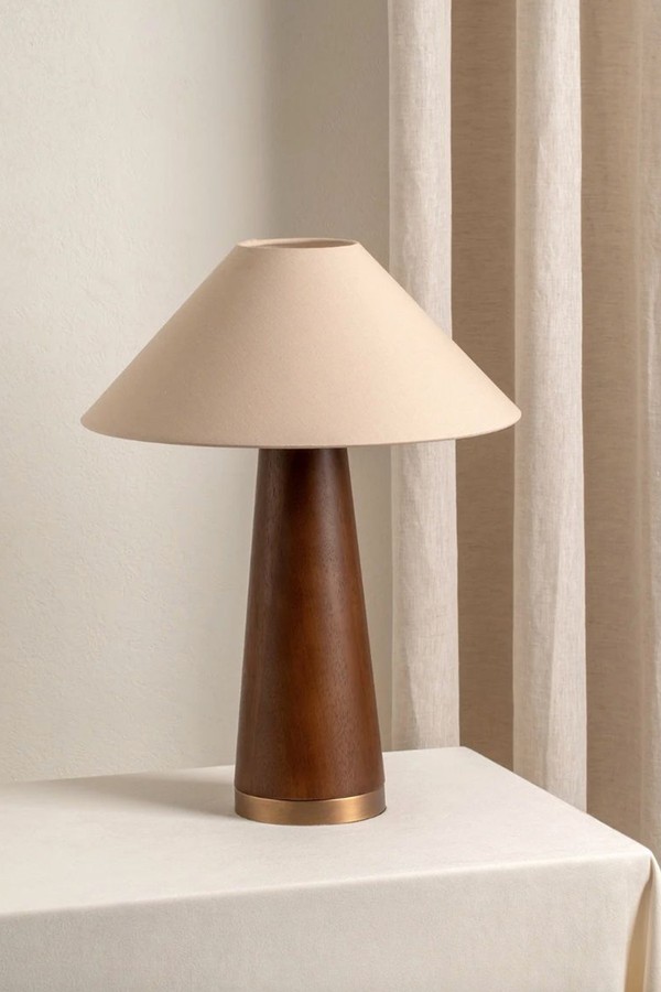 Baneza Aged Brass & Wood Cone Table Lamp from Lights & Lamps
