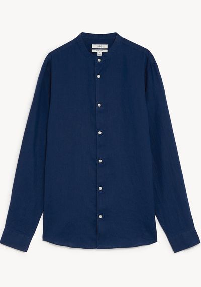 Longer Length Pure Linen Grandad Collar Shirt