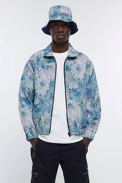 Blue Regular Fit Floral Harrington Jacket from River Island