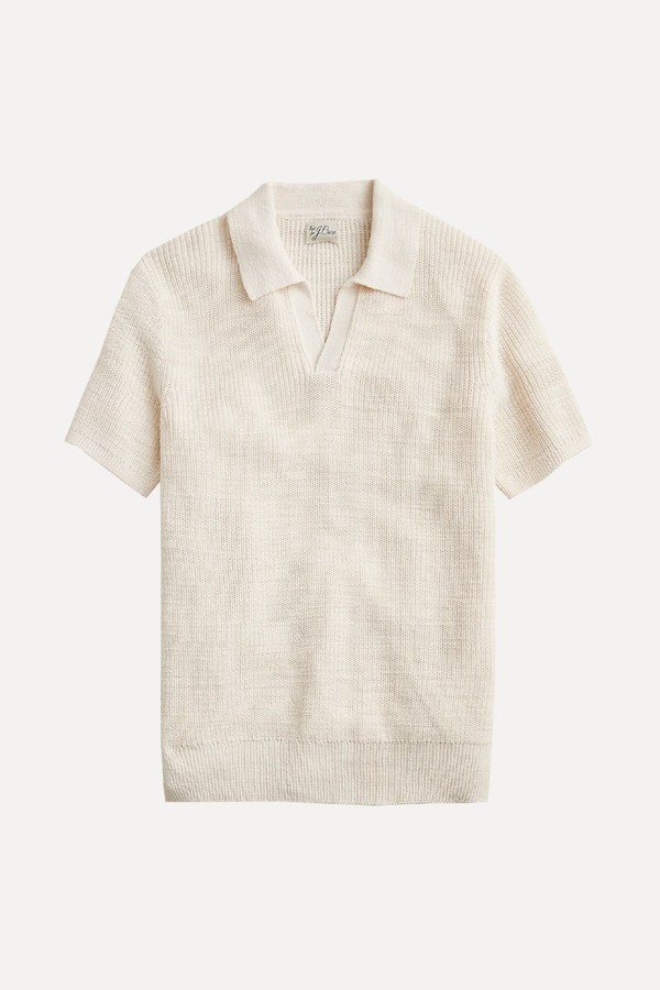 Short-Sleeve Linen-Cotton Blend Johnny-Collar Sweater-Polo