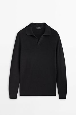 Ribbed Polo Collar Textured Knit Sweater