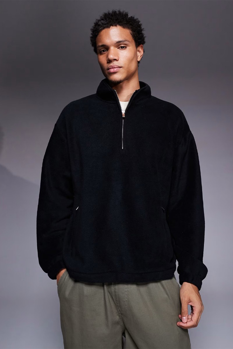 Boxy Relaxed Funnel Neck Quarter Zip Fleece Sweats from ASOS DESIGN 