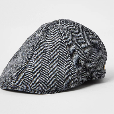 Grey Herringbone Check Flat Cap from River Island