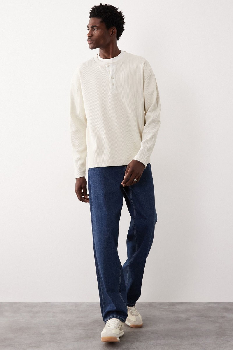 AC-T-253 Heavyweight Oversized Henley Waffle Long Sleeve T-shirt