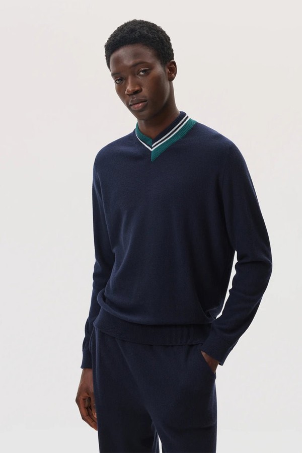 Cashmere V Neck With Striped Trim