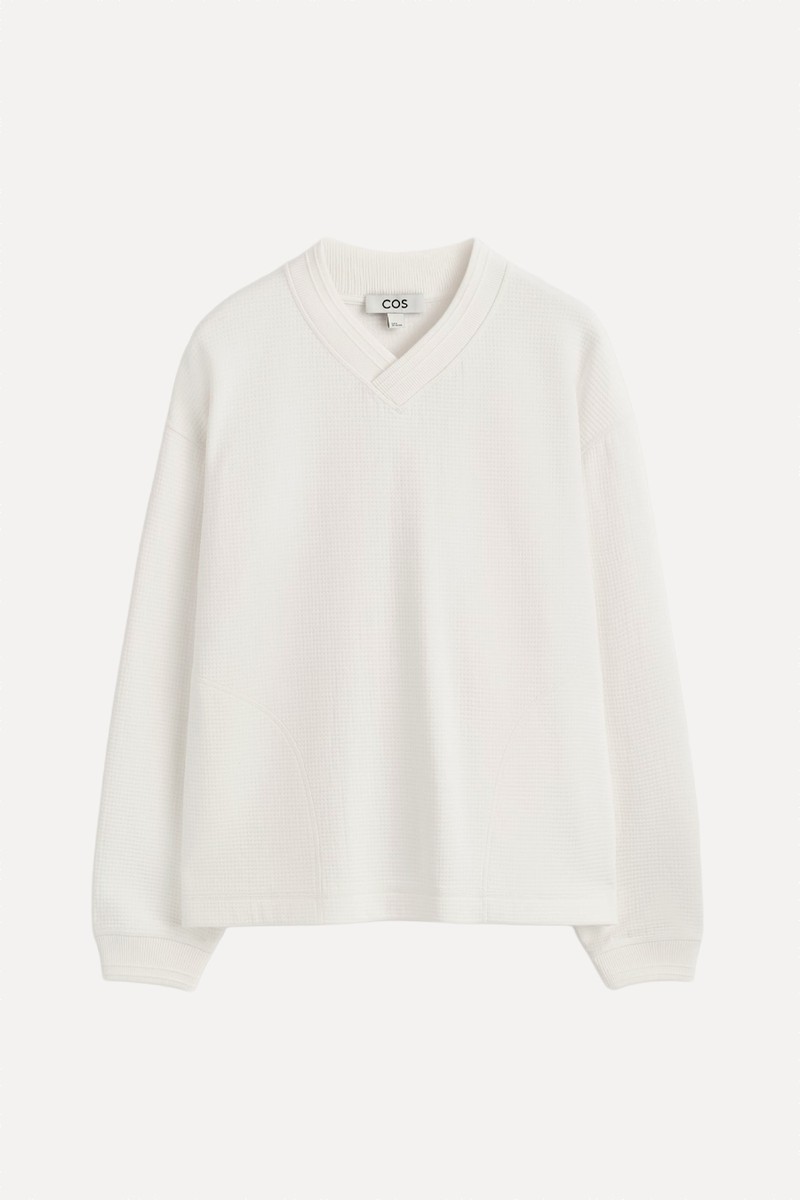 Waffle-Knit Cotton V-Neck Sweatshirt